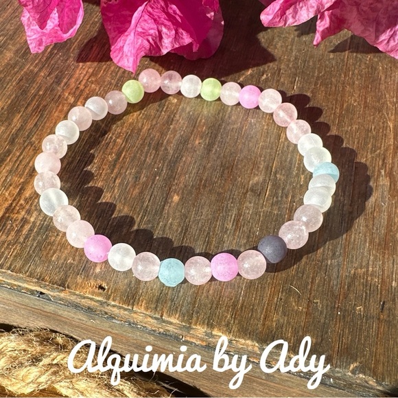 6mm Selenite and sea glass beaded bracelet/ fall creamy white pastel colors - Picture 1 of 5